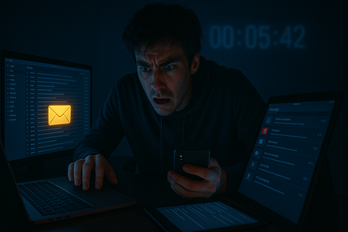 Alone in a dark room, a stunned man stares at a glowing golden envelope on his laptop while a countdown timer ticks behind him—last-minute discovery of an Amazon Switch 2 invitation email, urgent 48-hour deadline tension