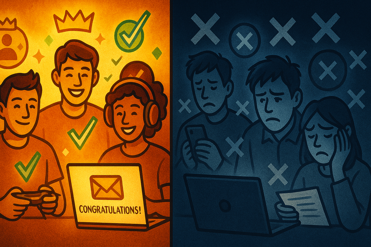 Split illustration of bright winners and gloomy losers: smiling gamers under crowns and green checkmarks celebrating a “CONGRATULATIONS” email on one side, disappointed players under gray X marks on the other—emotional contrast of Amazon Switch 2 invite success and heartbreak