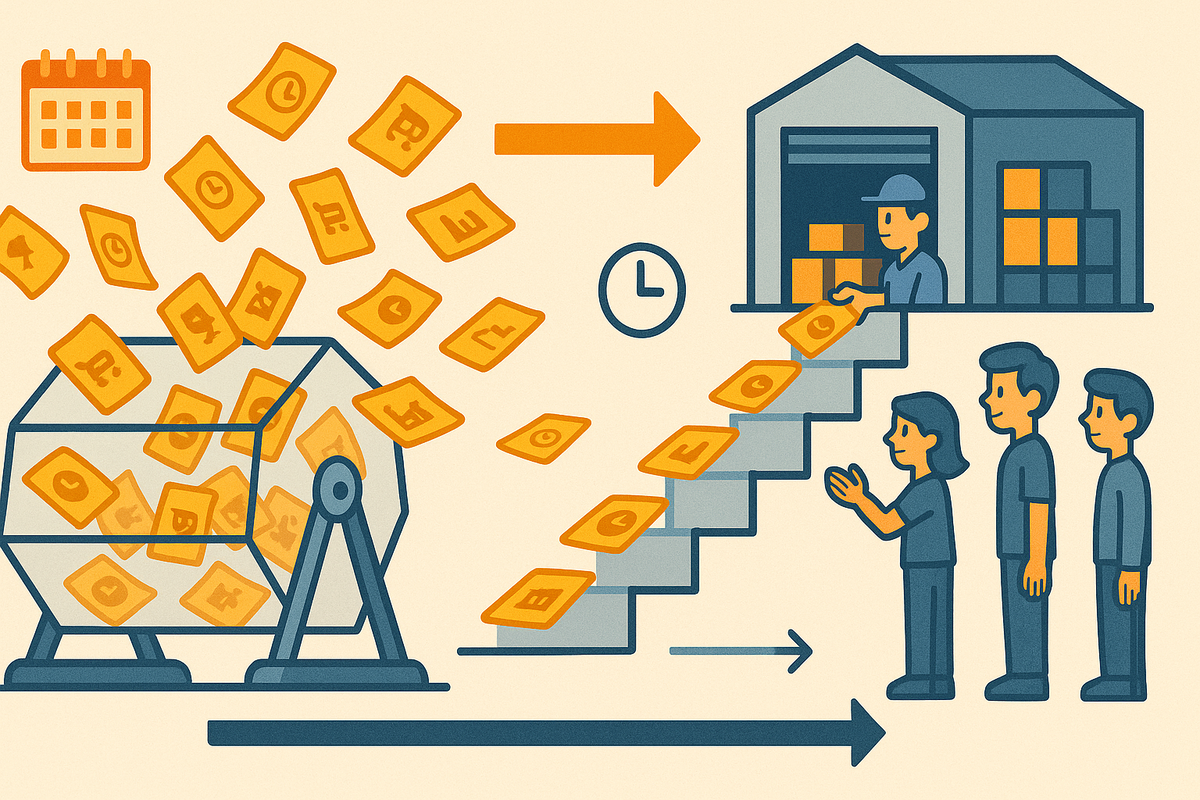 Playful flowchart of a lottery drum spewing golden tickets into a warehouse and then down a staircase to waiting customers—simple visual story of how Amazon invitation sales work from抽選 to stock to lucky buyers, easy step-by-step overview