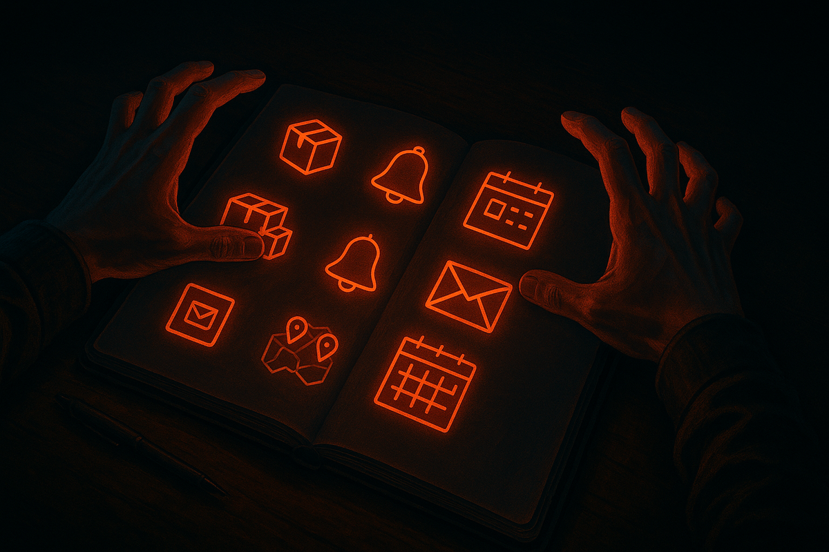 Dark desk with a mysterious open notebook glowing in neon red, icons of parcels, bells, calendars, maps and envelopes lighting up under tense hands—secret Amazon Switch 2 notification settings and reminder hacks, magical strategy spellbook vibe