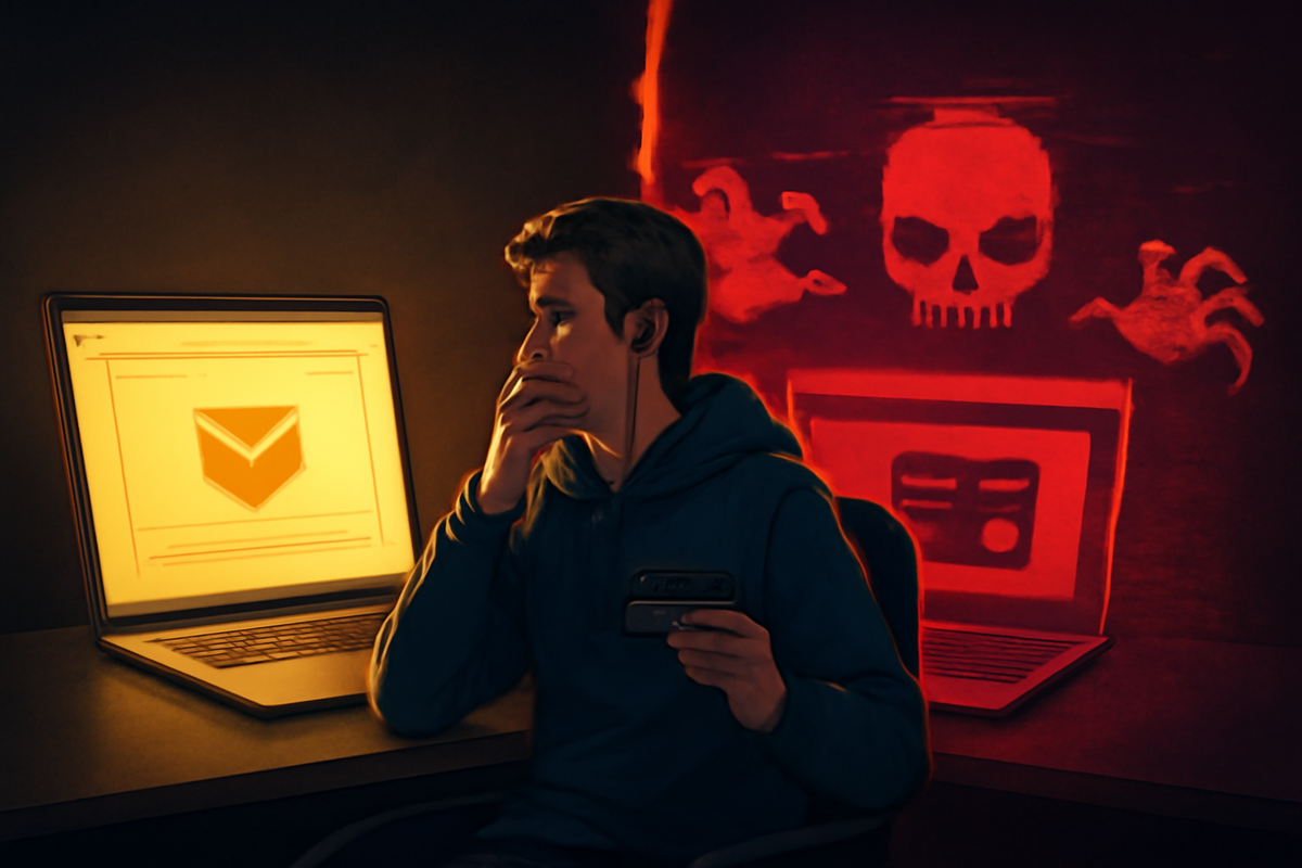 Worried man sitting between two laptops, warm yellow email screen in front and eerie red skull and claws looming behind—dramatic moment of deciding if a Switch 2 “winner” email is real or phishing, high-stakes online scam warning