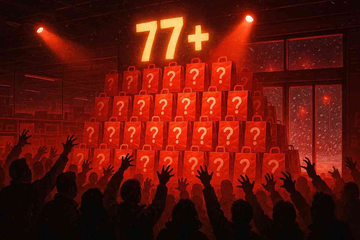 Tower of glowing red mystery bags under a huge “77+” sign, winter snow whipping outside while a roaring crowd reaches up—BicCamera 2026 lucky-bag lineup shock, insane variety and feverish lottery excitement