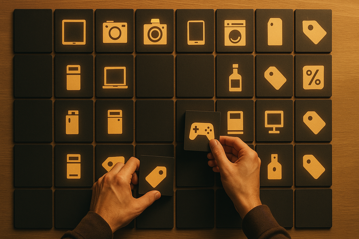 Overhead grid of neatly arranged tiles showing icons for tablets, cameras, appliances, games, booze and discount tags, with careful hands picking a game controller square—calm, satisfying overview of every BicCamera lucky-bag category before you choose your target