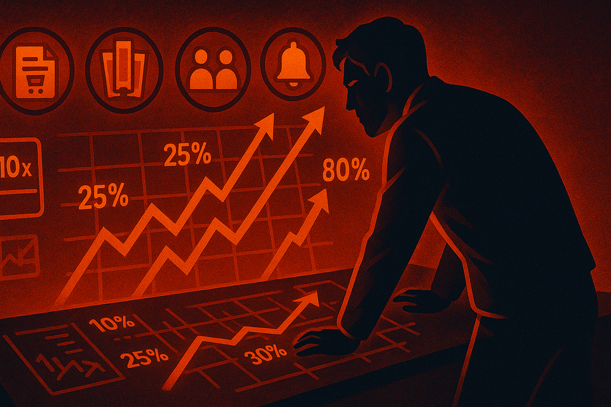 Silhouette of a determined analyst leaning over a fiery red dashboard full of rising graphs and 25–80% labels, icons for purchase history, tickets, friends and notification bells glowing above—data-driven strategy to triple your BicCamera fukubukuro win rate, intense gamer focus