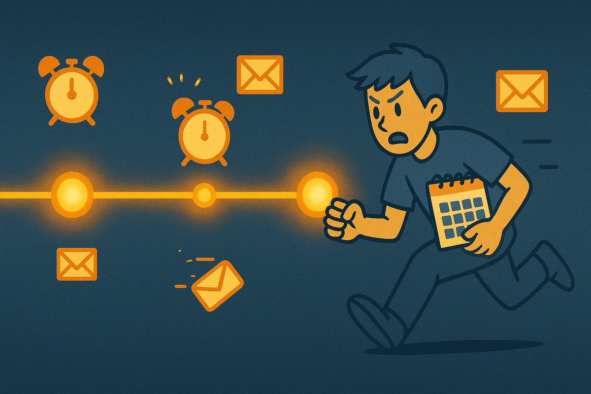 Cartoon shopper sprinting along a glowing timeline, clutching a calendar while alarm clocks and email envelopes light up around him—urgent race through BicCamera lottery deadlines, never-miss-an-announcement energy