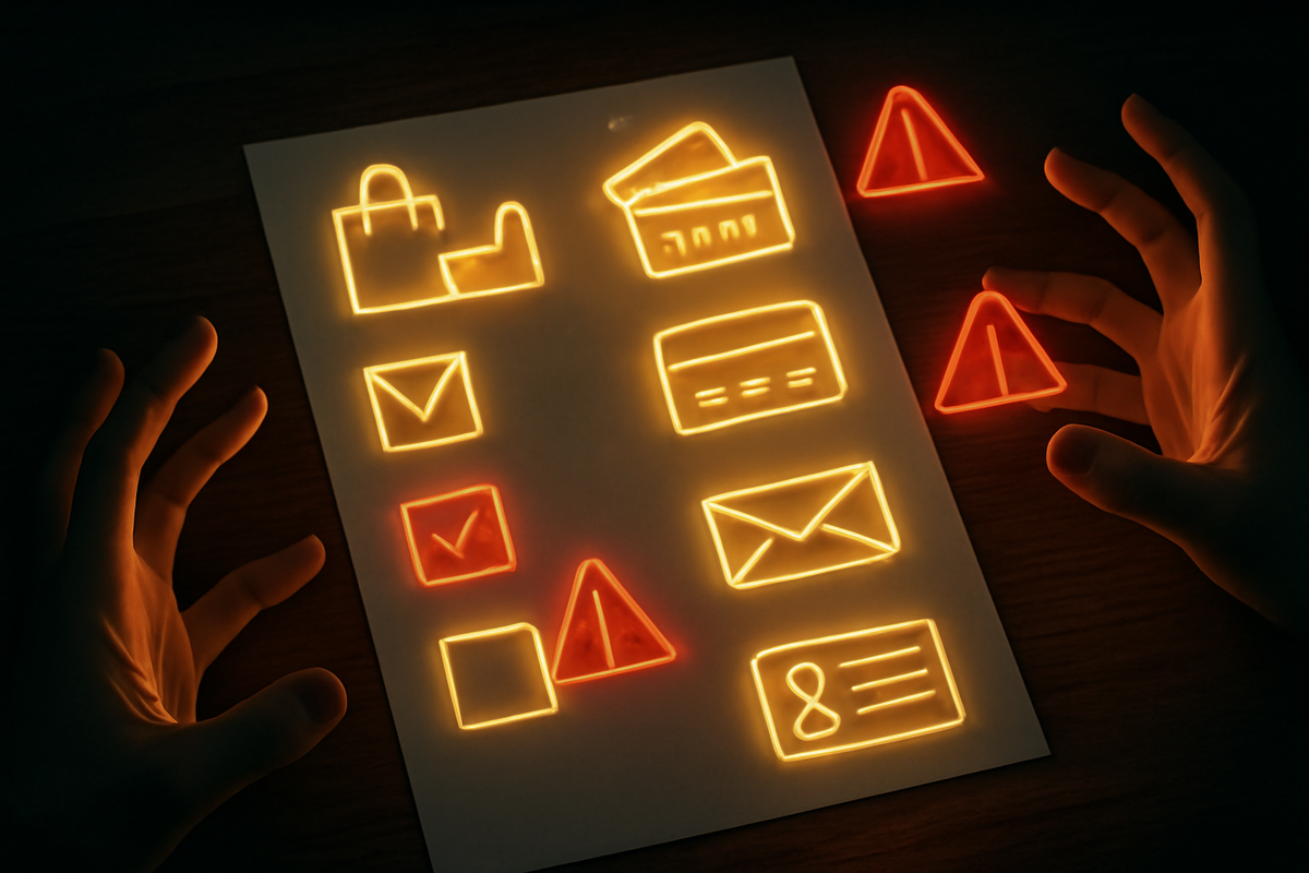 Dark desk with a neon golden checklist sheet: shopping bag, cards, email and ID icons stacked in rows, red warning triangles being moved into place by cautious hands—dramatic pre-application ritual to avoid hidden eligibility traps and painful mistakes