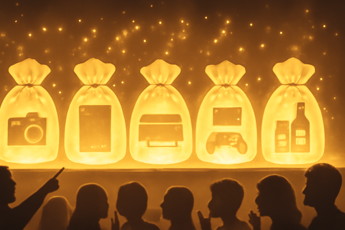 Five radiant golden lucky bags on a sparkling stage, each revealing a soft silhouette of camera, tablet, laptop, game console and whiskey bottles, with excited shoppers’ shadows pointing and whispering below—dreamlike top 5 BicCamera fukubukuro prizes, pure New Year anticipation and hope