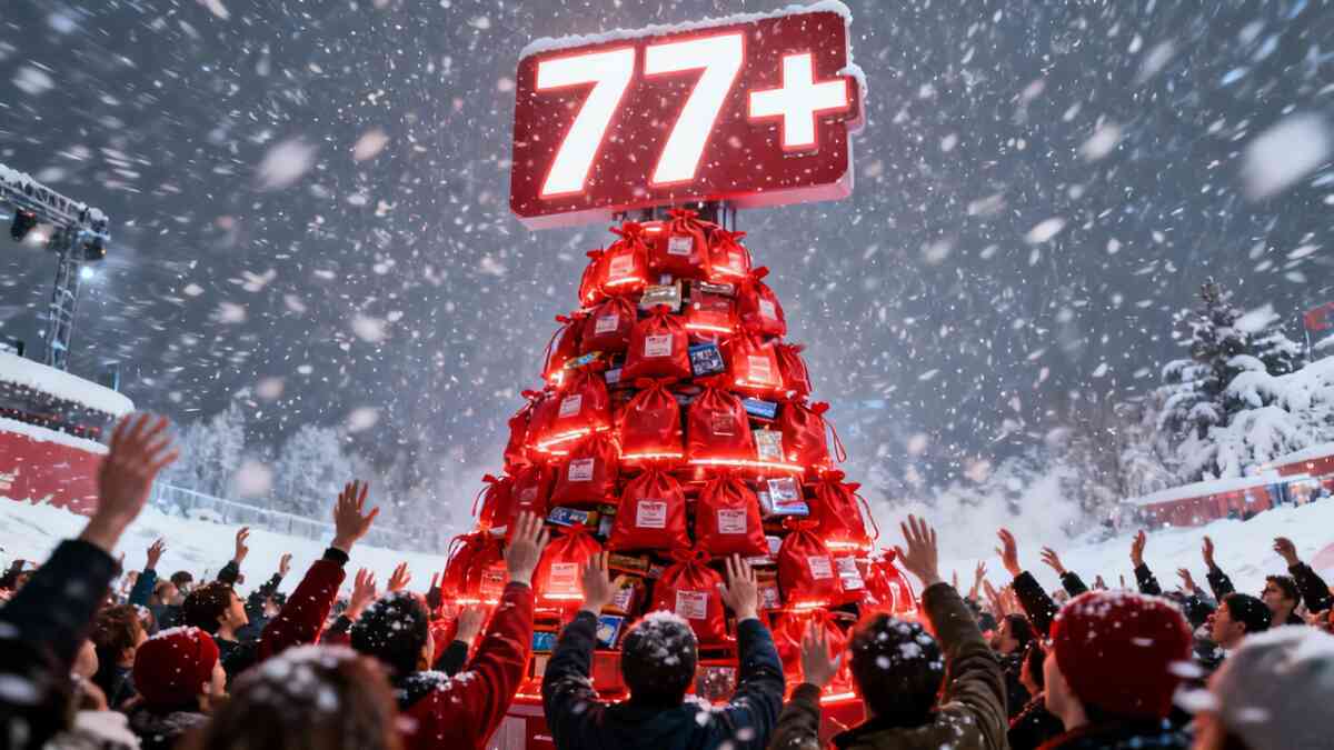 Overwhelming wall of mystery lucky bags and a desperate crowd, capturing the shock of 77+ ultra-competitive New Year deals.