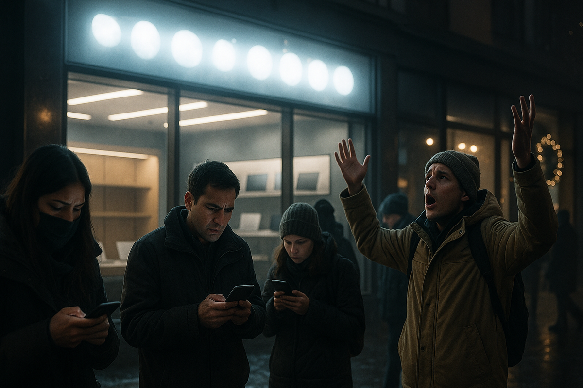 Shocked shoppers outside an empty-looking Apple-style store at night, scrolling their phones in disbelief while one person raises his arms and yells—Apple lucky bag 2026 cancelled, anxious fans searching for new deals, cold winter drama