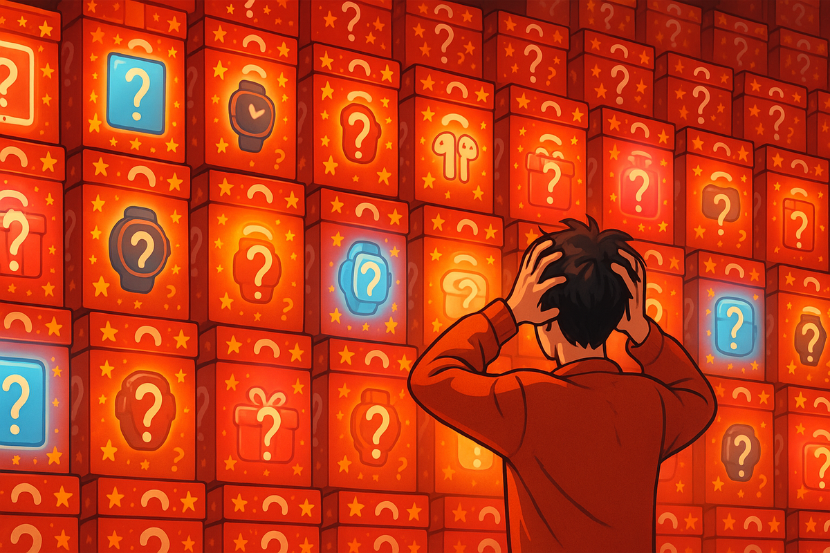 Overwhelmed buyer clutching his head in front of a towering wall of bright red mystery boxes with icons for watches, earbuds and gifts—Apple福袋 and New Year tech lucky bags, too many choices, joyful but stressful decision moment