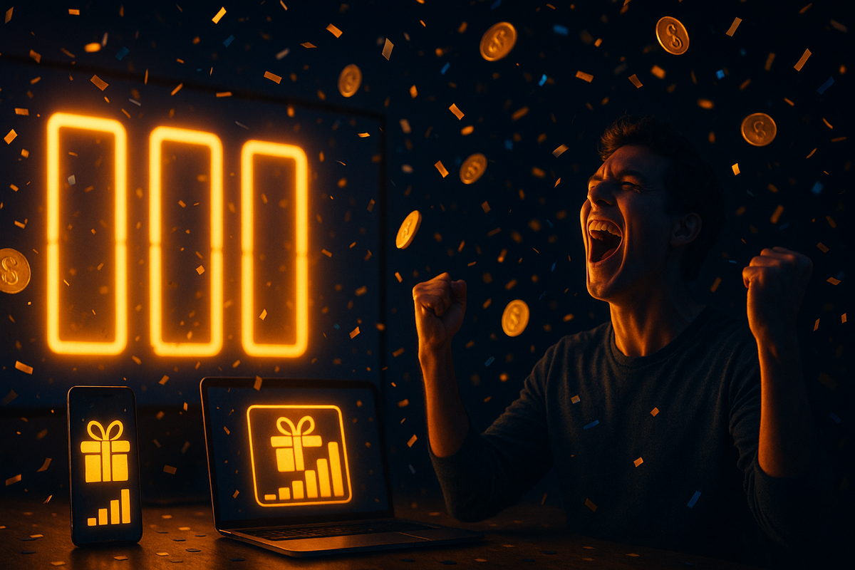 Man screaming with pure joy in a dark room as neon-orange gift and cashback bars glow on his phone and laptop, digital coins and confetti raining down—Apple New Year sale jackpot, massive gift-card rewards, euphoric savings celebration