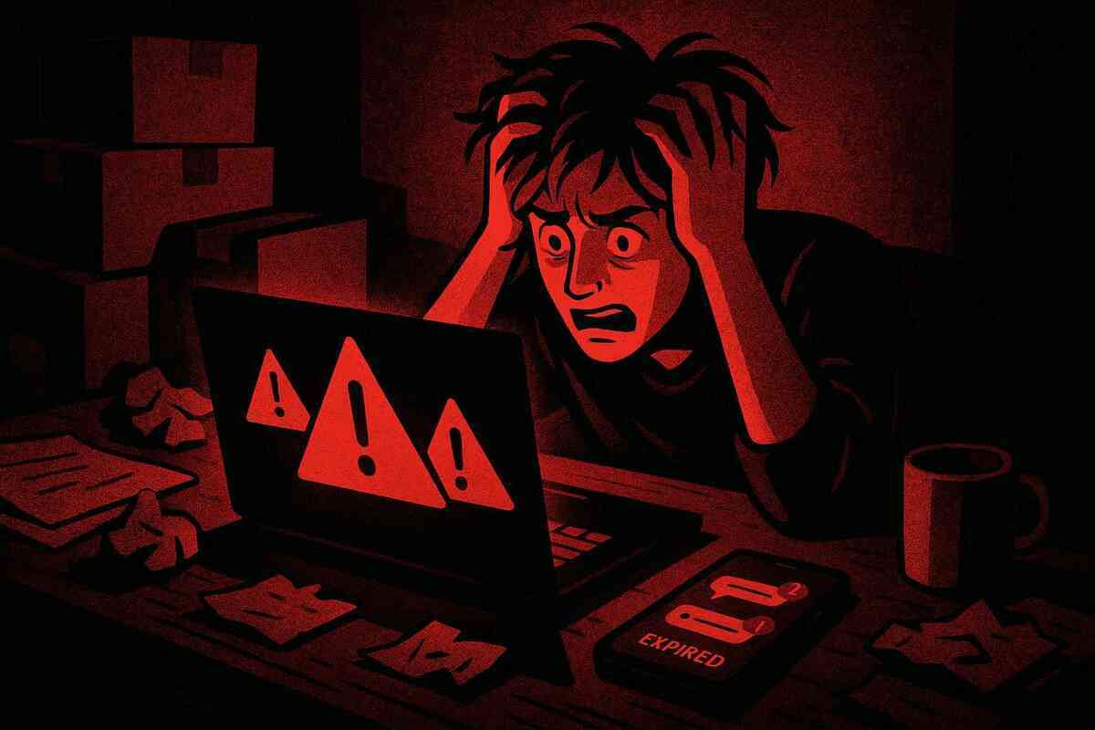Panicked shopper in red light staring at a laptop full of warning triangles while a smartphone beside him flashes an expired notice—missed Apple福袋 payment deadline, email trouble, regret and disaster-avoidance lesson