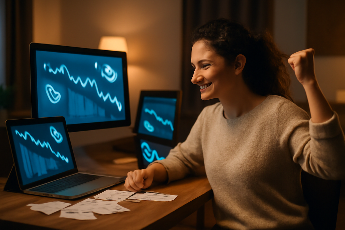 Relaxed, victorious woman at a cozy desk, surrounded by multiple screens showing falling price curves, quietly pumping her fist—smart strategy to get Apple devices cheapest, calm money-saving success and warm satisfaction