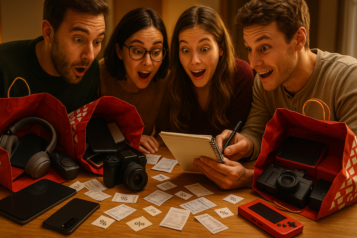 Four friends around a wooden table, red lucky bags overflowing with cameras, headphones and gadgets, receipts and discount slips scattered everywhere—shock, joy and laughter as they calculate how insanely cheap last year’s福袋 haul really was