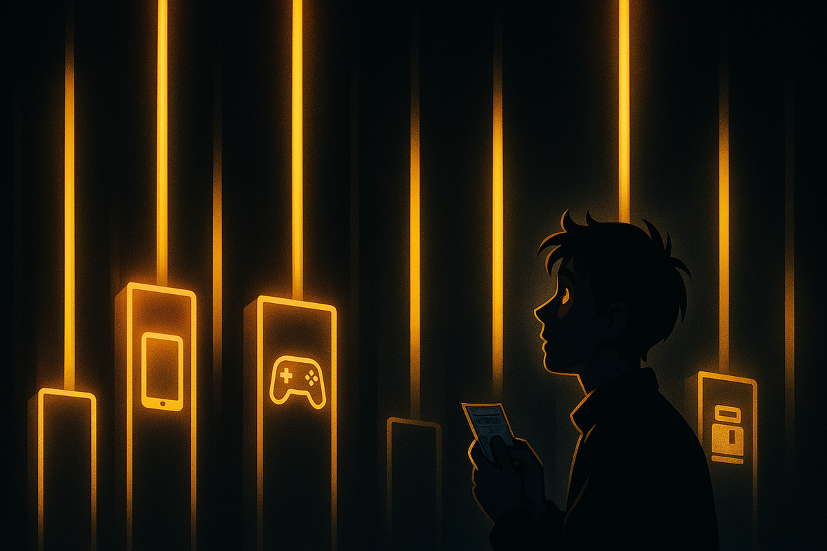 Silhouette of a buyer holding a lottery ticket, staring up at tall neon bars with icons for phone, tablet, game controller and appliances—mysterious golden light, emotional visualization of福袋倍率 and soaring odds at a New Year tech lottery