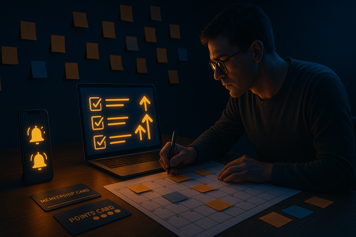 Focused night-time planner at a desk, calendar covered in sticky notes, laptop showing glowing checklists and upward arrows, smartphone lit with alert bells, membership and points cards on the table—calm, strategic mood for boosting lucky bag win rates