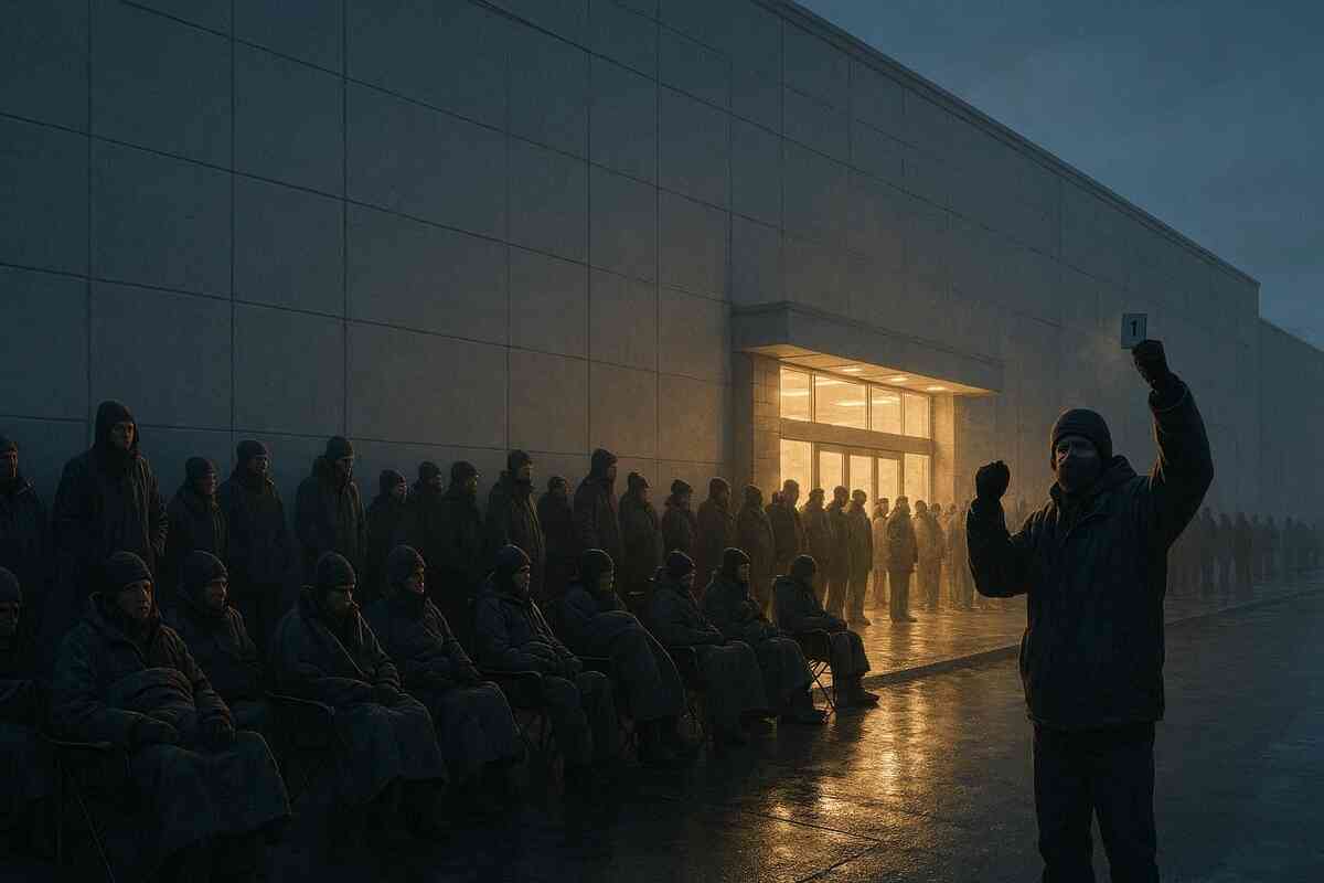 Endless pre-dawn queue in the freezing rain outside a giant store, people wrapped in blankets and coats, one person at the front triumphantly raising ticket number one—raw determination and victory energy of lining up for New Year福袋 on January 1st