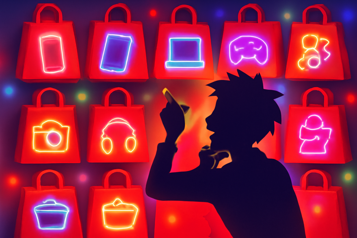 Vibrant wall of red lucky bags, each outlined with neon icons for smartphone, tablet, laptop, gamepad, camera, headphones, cookware and fashion, colorful lights glowing behind, excited shopper silhouette pointing and agonizing over which福袋 to choose