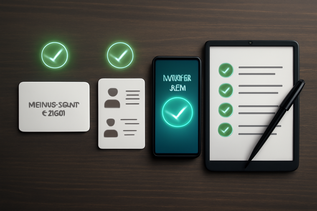 Flat-lay of membership card, ID card, smartphone with a bright digital pass, and tablet checklist lined up on a wooden desk—everything ready for GEO Switch2 purchase, calm but determined pre-check feeling, satisfying green checkmark energy