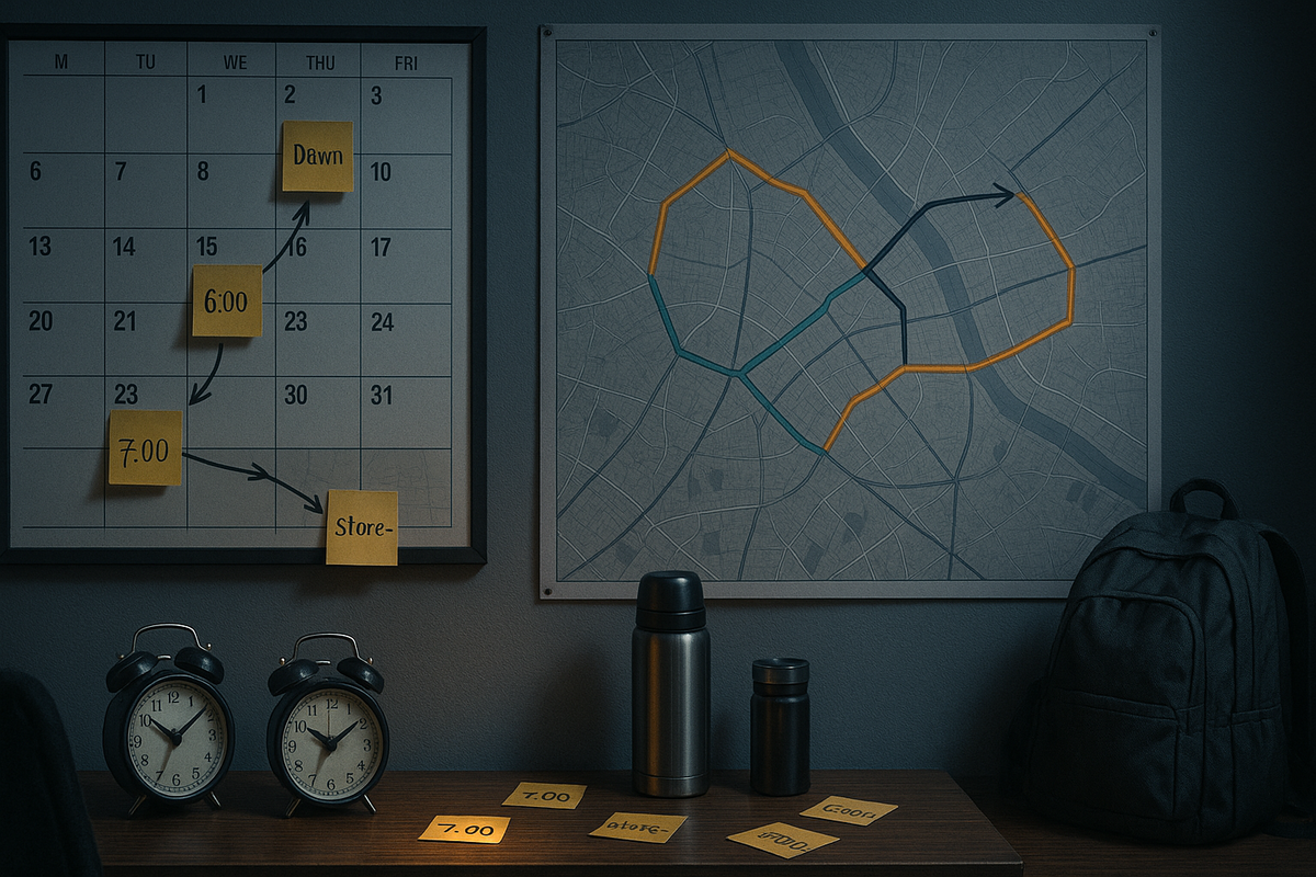 War-room wall with calendar and sticky notes showing 6:00, 7:00 and dawn arrows to a highlighted store on a city map, alarm clocks and thermos on the desk—obsessive route planning for GEO Switch2 store runs, strategic all-nighter excitement