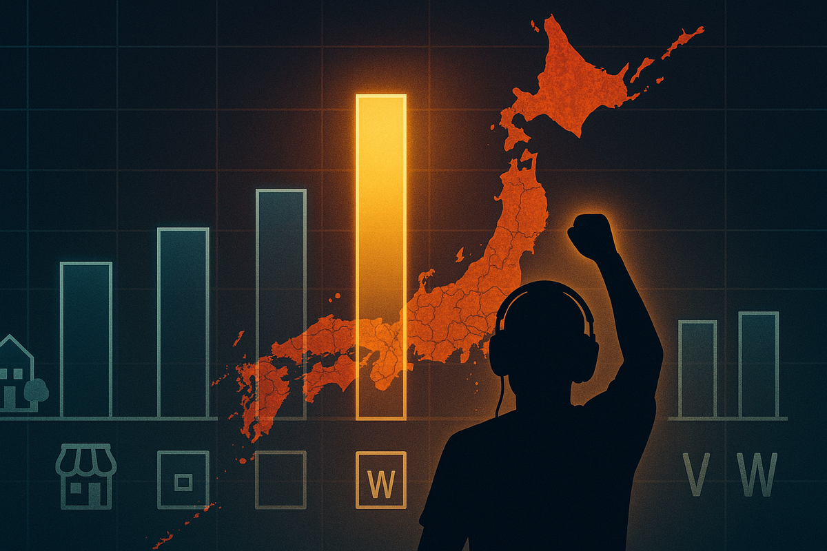 Silhouette gamer with raised fist in front of a glowing Japan map and bar chart, one tall golden bar shining above the rest—data-driven victory, choosing the best region and day to grab Switch2 in-store, triumphant analytics energy