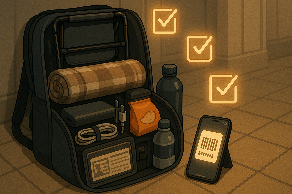 Open backpack neatly packed with folding chair, blanket, power bank, cables, snacks, drinks, ID case and smartphone showing a barcode, golden checkmarks floating above—perfect GEO Switch2 line-up kit,安心感とワクワクが同時に湧き上がる準備完了ムード