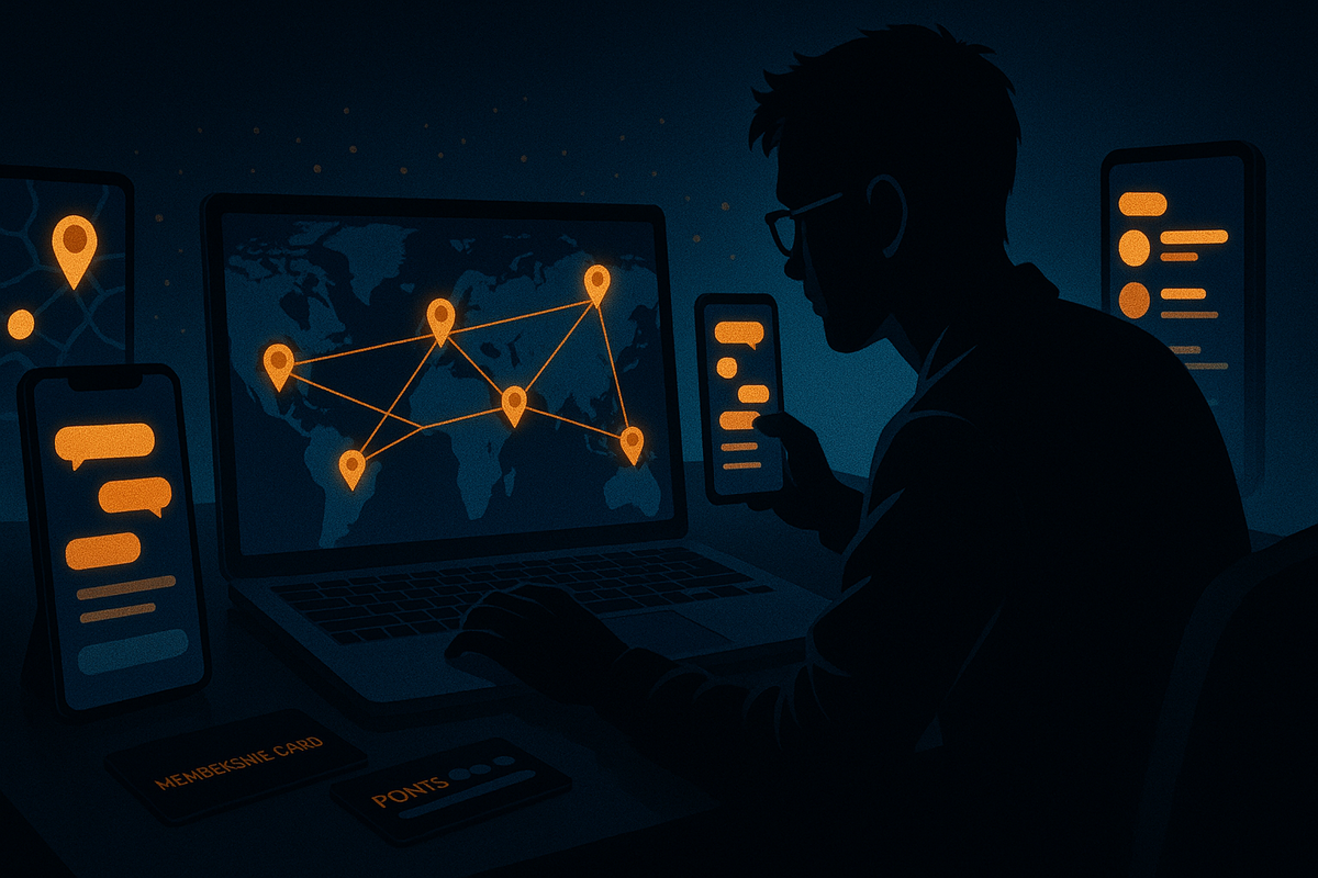 Dark room command center: gamer silhouette at a laptop showing a world map with connected location pins, multiple phones glowing with chat bubbles and alerts, membership and points cards on the desk—real-time SNS intel network for Switch2 stock, obsessive but thrilling hunt vibe