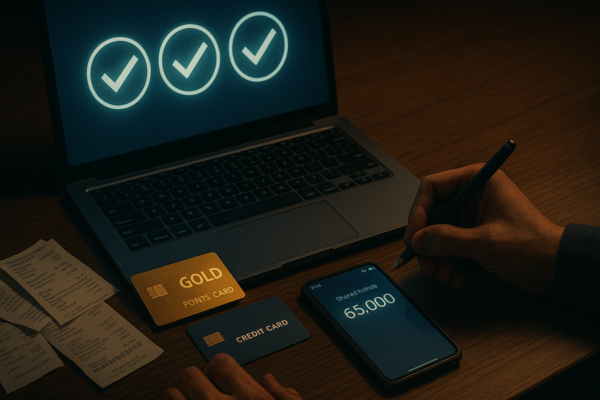 Late-night desk with laptop showing three glowing checkmarks, GOLD points card, credit card, smartphone balance at 65,000—perfect Yodobashi otoshidama box advantage setup, calm prep work that secretly boosts win rate