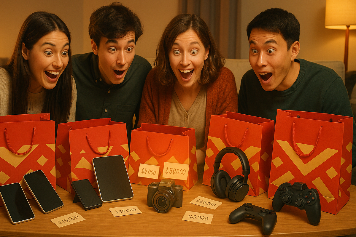 Four friends screaming with joy around red lucky bags overflowing with phones, tablets, camera, headphones and controllers—unbelievable otoshidama haul value, pure surprise and “we actually hit the jackpot” excitement