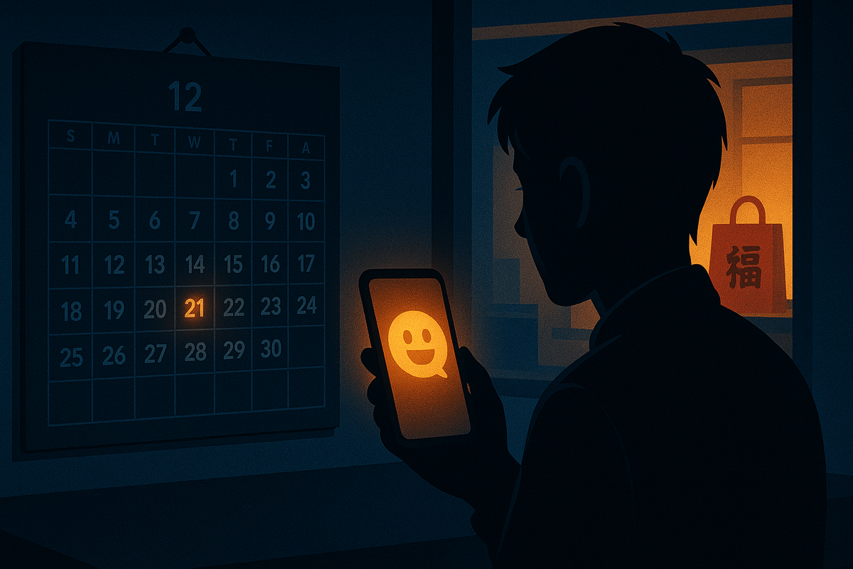 Dark December room with a calendar on the wall and one date glowing, shopper holding a phone lit by a happy notification icon, lucky bag silhouette in a shop window—winning day message for Yodobashi otoshidama box, quiet but overwhelming relief and joy