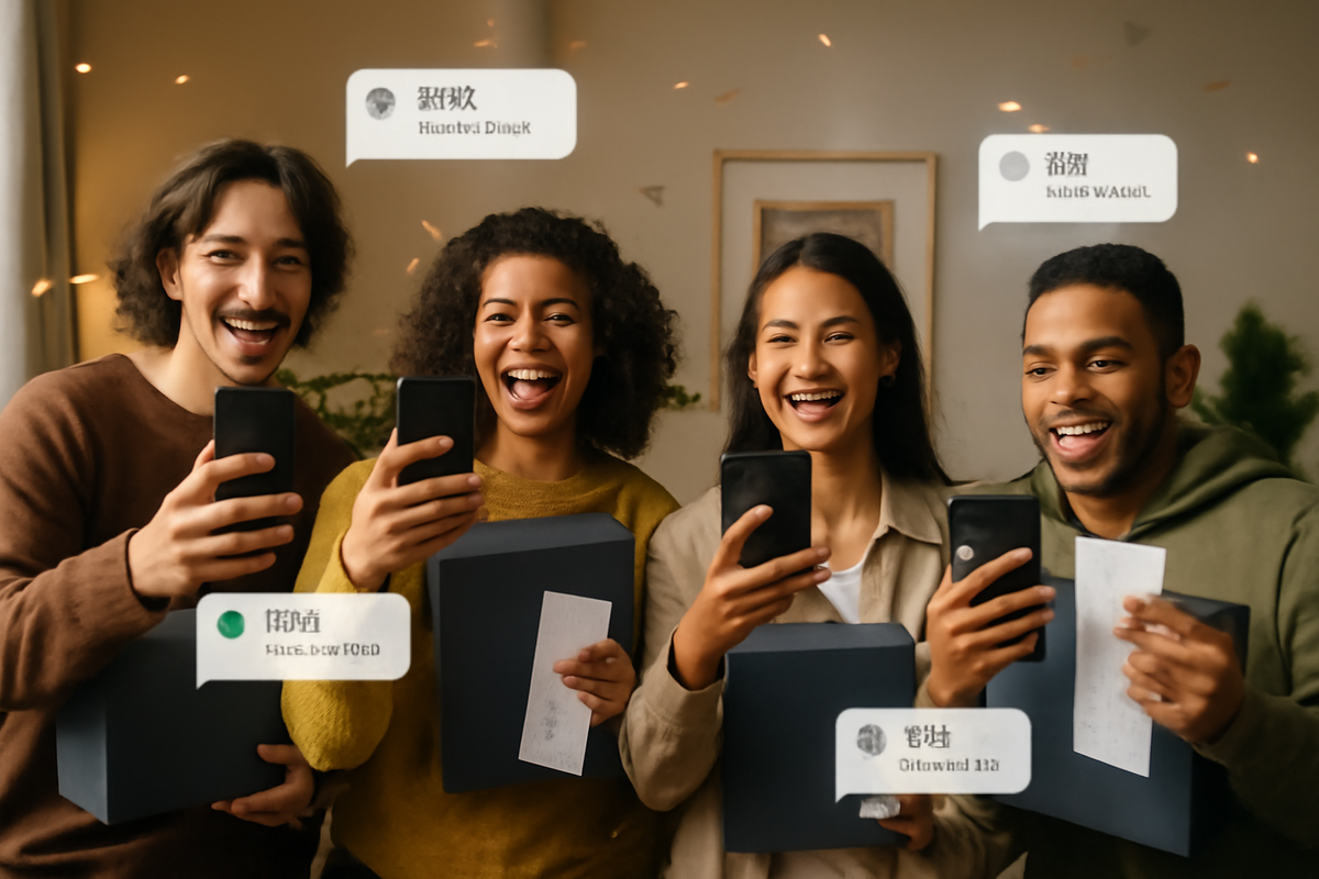 Four excited friends laughing at their phones while holding sleek console boxes and receipts—SNS timeline overflowing with “I got it!” purchase screenshots, warm room lighting, contagious festival-like joy of finally securing Switch2