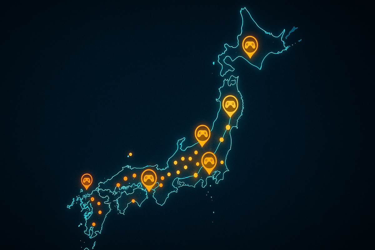 Neon map of Japan on a dark background with glowing game-controller pins scattered across major cities—live hotspot view of stores where Switch2 is available right now, nationwide treasure-hunt energy