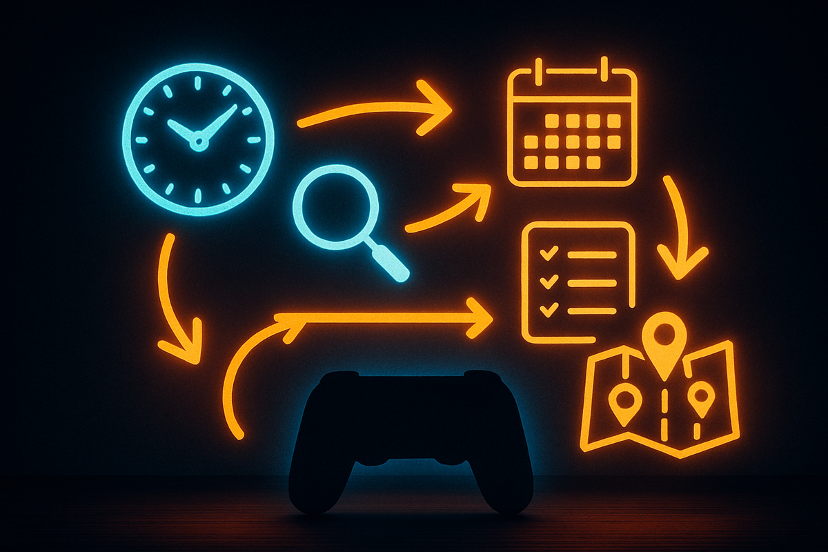 Glowing neon icons of a clock, search, calendar, checklist, and route map swirling around a game controller silhouette—visual roadmap of perfect timing, smart research, and strategic store-hopping to secure a Switch2 in one decisive run