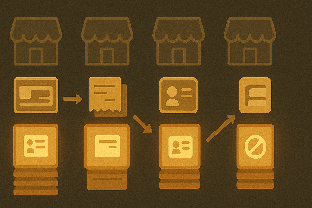 Warm infographic of multiple faceless stores above a row of cards, receipts, and ID icons linked by arrows—simple visual guide to different retailer rules, purchase conditions, and membership checks before buying Switch2