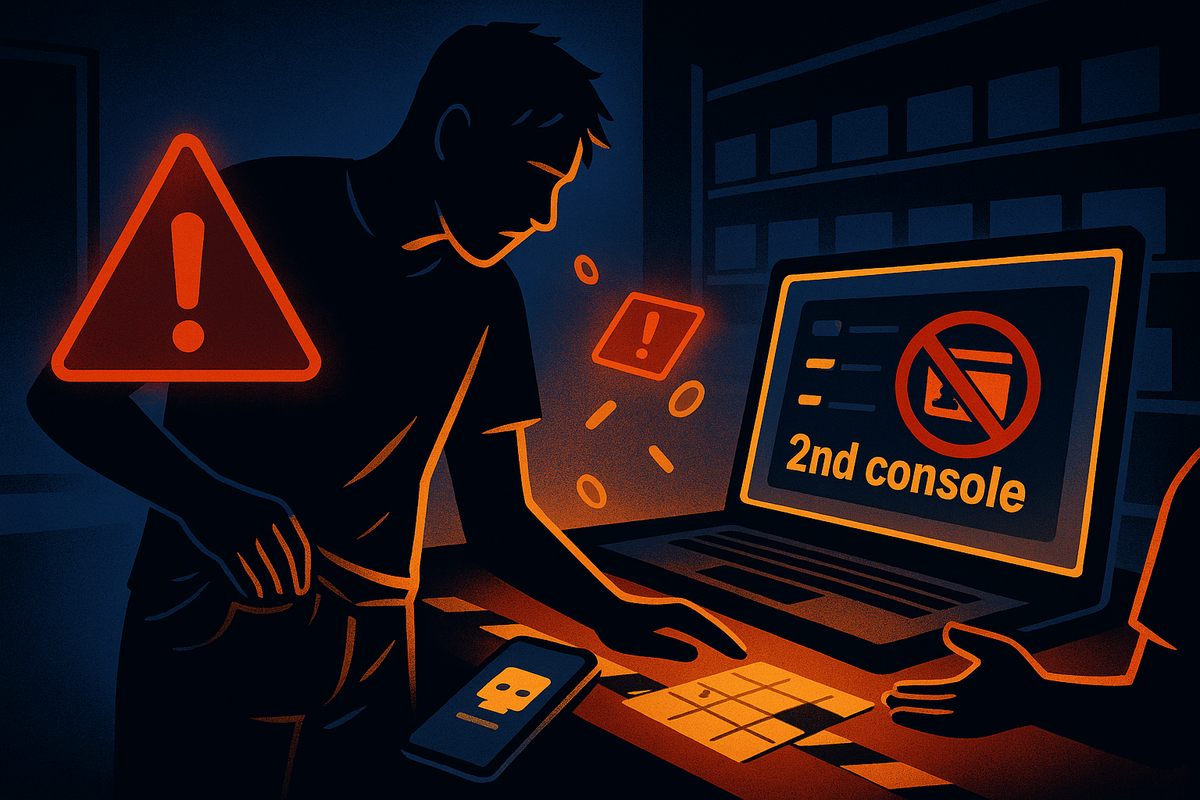 Tense night scene at a store counter—customer frozen in shock as a laptop flashes a red “2nd console” warning and exclamation icons, eerie glow exposing the risk of suspicious multiple purchases and strict anti-resale checks