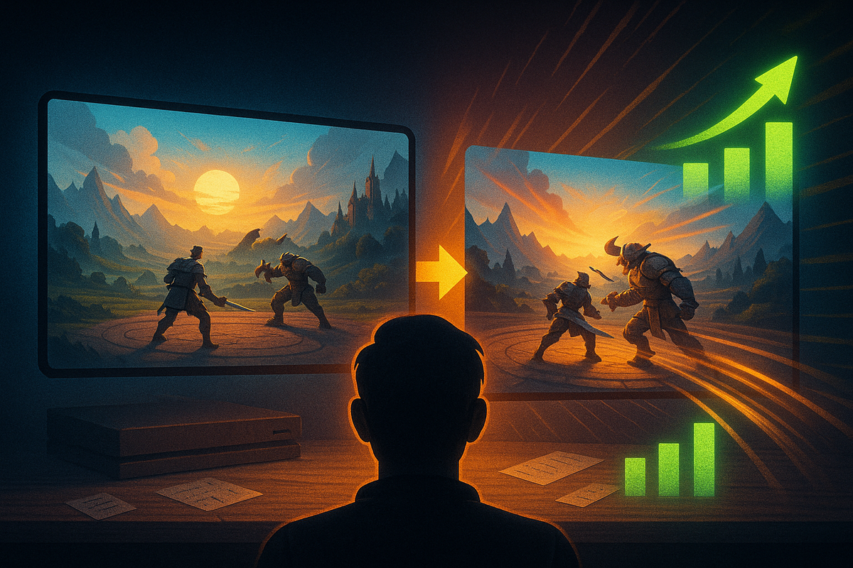Player watching two fantasy battle screens side by side—left slightly dull, right bursting with sharp light and motion—green performance bar rocketing upward, vivid visual of Switch2 upgrades: smoother frames, richer worlds, upgraded immersion
