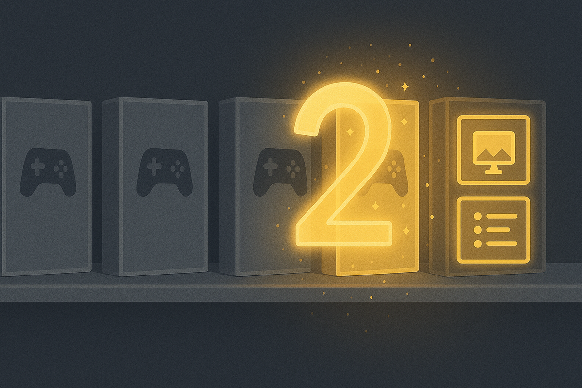 Row of plain grey game boxes on a shelf with one golden case blazing a huge luminous “2,” sparkling softly in the dark—Switch 2 Edition titles standing out from the backlog, irresistible premium-upgrade feeling