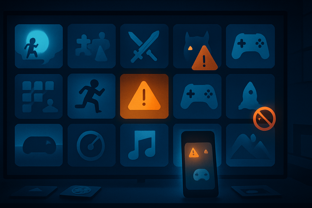 TV full of blue game icons with a few orange warning triangles and a no-entry badge in the corner, matching alert on a smartphone below—quiet night scene highlighting Switch2 compatibility issues and restricted titles, gentle caution and clarity