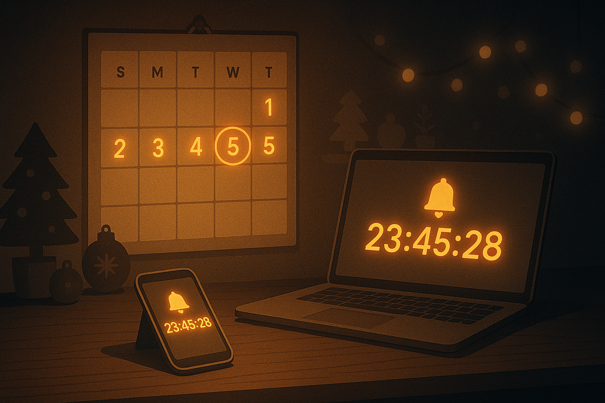 Warm holiday desk with a glowing January calendar circled on the 5th and digital countdown timers on laptop and smartphone—tick-tock orange numbers, gentle fairy lights, cozy but urgent mood that screams “don’t miss Apple’s New Year sale deadline”  