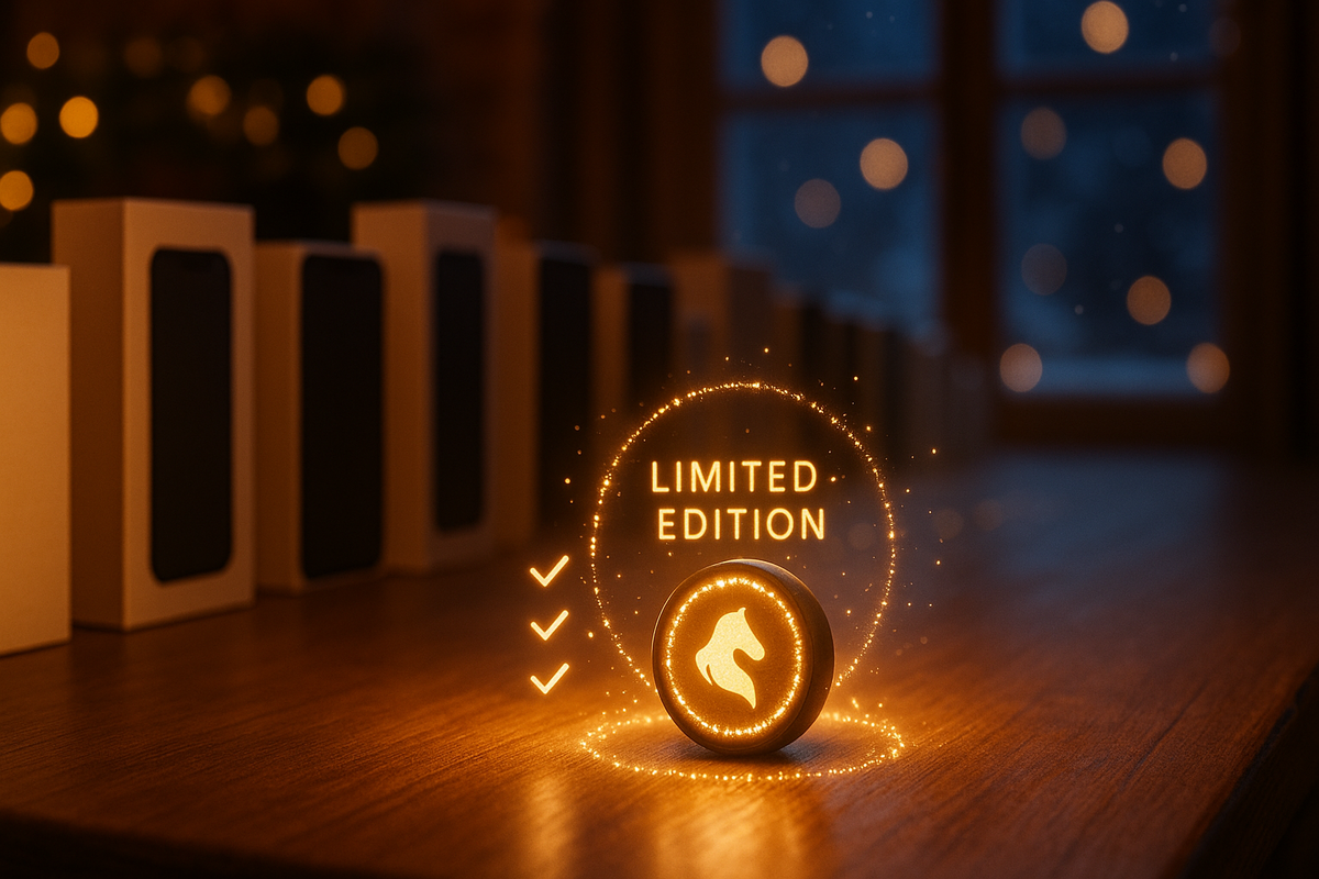 Row of plain smartphone boxes fading into the background while a single glowing coin with a stylized horse icon and “LIMITED EDITION” halo floats in front—sparkles, warm bokeh lights, and irresistible FOMO energy around this scarce New Year AirTag bonus  