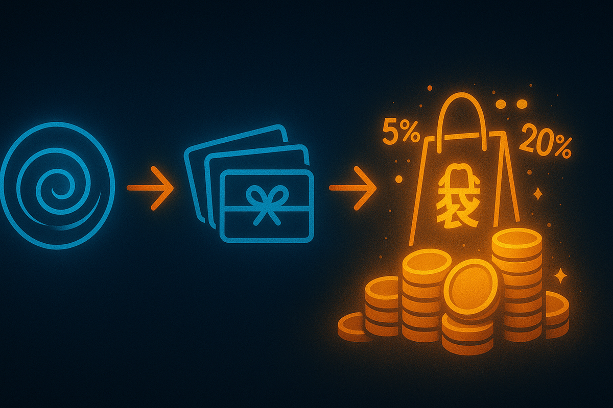 Minimalist flowchart on a dark canvas—blue spiral of confusion transforms into stacks of glowing gift cards, then into a bursting orange lucky bag surrounded by 5–20% symbols and piles of golden coins—clean visual story of chaining rebates to supercharge Apple first-sale profits  