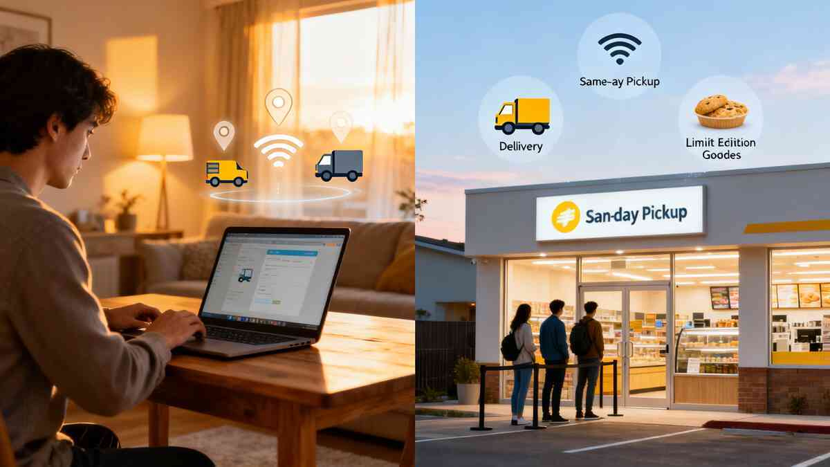 Split scene at golden hour—left side a young person calmly ordering on a laptop at home with delivery and Wi-Fi icons floating above, right side a bright pickup store where people queue under bubbles reading “Delivery,” “Same-day Pickup,” and “Limited Edition Goods”—emotionally clear comparison of online Apple deals vs in-store first-sale pickup strategy  
