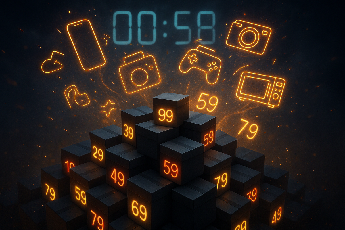 Countdown over a pyramid of glowing mystery boxes—neon icons for smartphone, game controller, camera, earphones and home appliances swirling in the dark—high-stakes tech lucky-bag lottery, last-minute tension, FOMO energy, cinematic New Year deal rush
