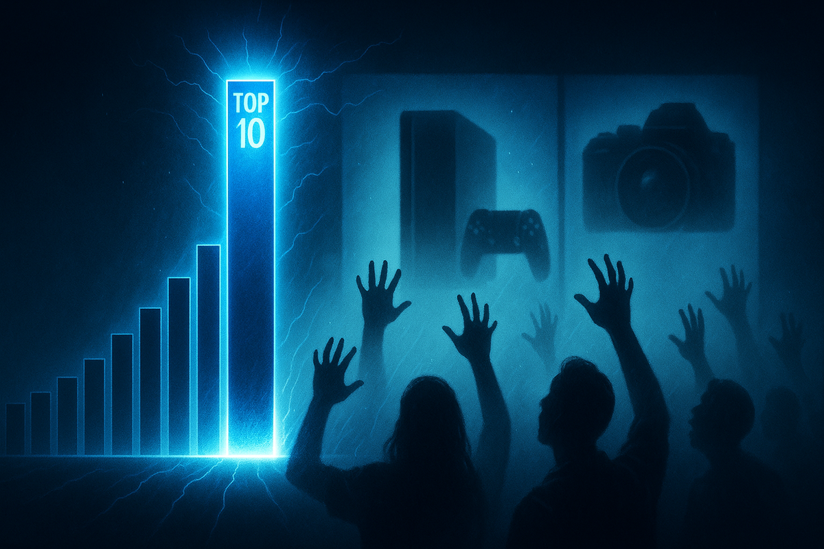 Dramatic blue bar chart with one towering “TOP 10” column, silhouettes of fans reaching toward blurred console and camera prizes—intense competition, wild倍率, electrifying desire for the rarest tech lucky bags