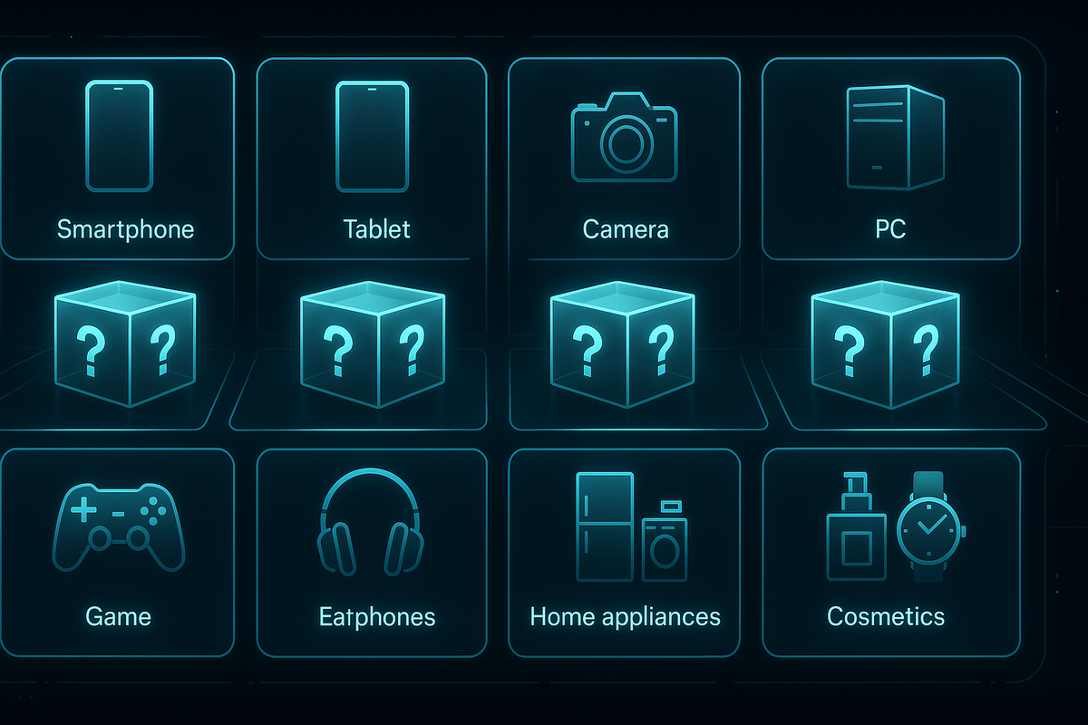 Clean futuristic category grid—smartphone, tablet, camera, PC, game, headphones, home appliances, cosmetics—each paired with a glowing question-mark box, calm but exciting overview of every type of mystery tech lucky bag