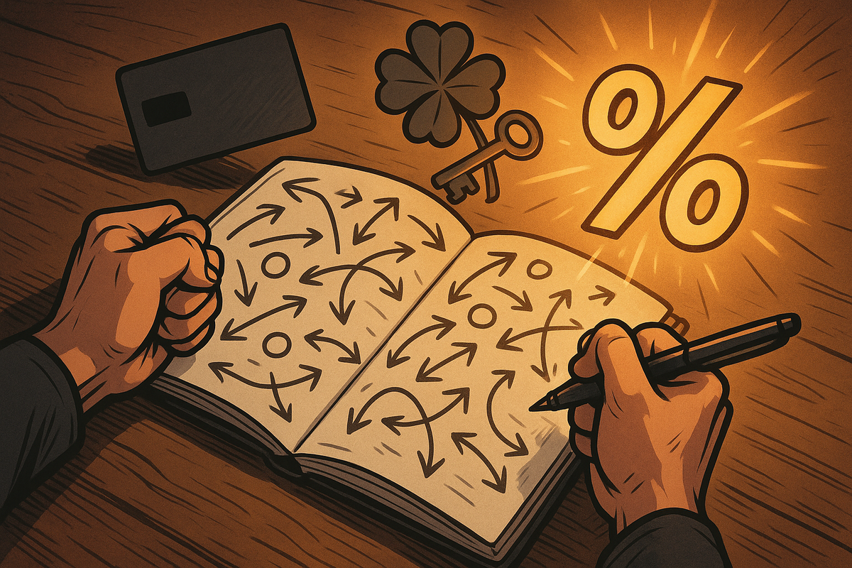 Strategic war-room notebook filled with arrows, clenched fist on one side and pen in motion on the other, glowing percentage sign, lucky clover and key floating above—emotional planning moment to boost winning odds and unlock bonus savings