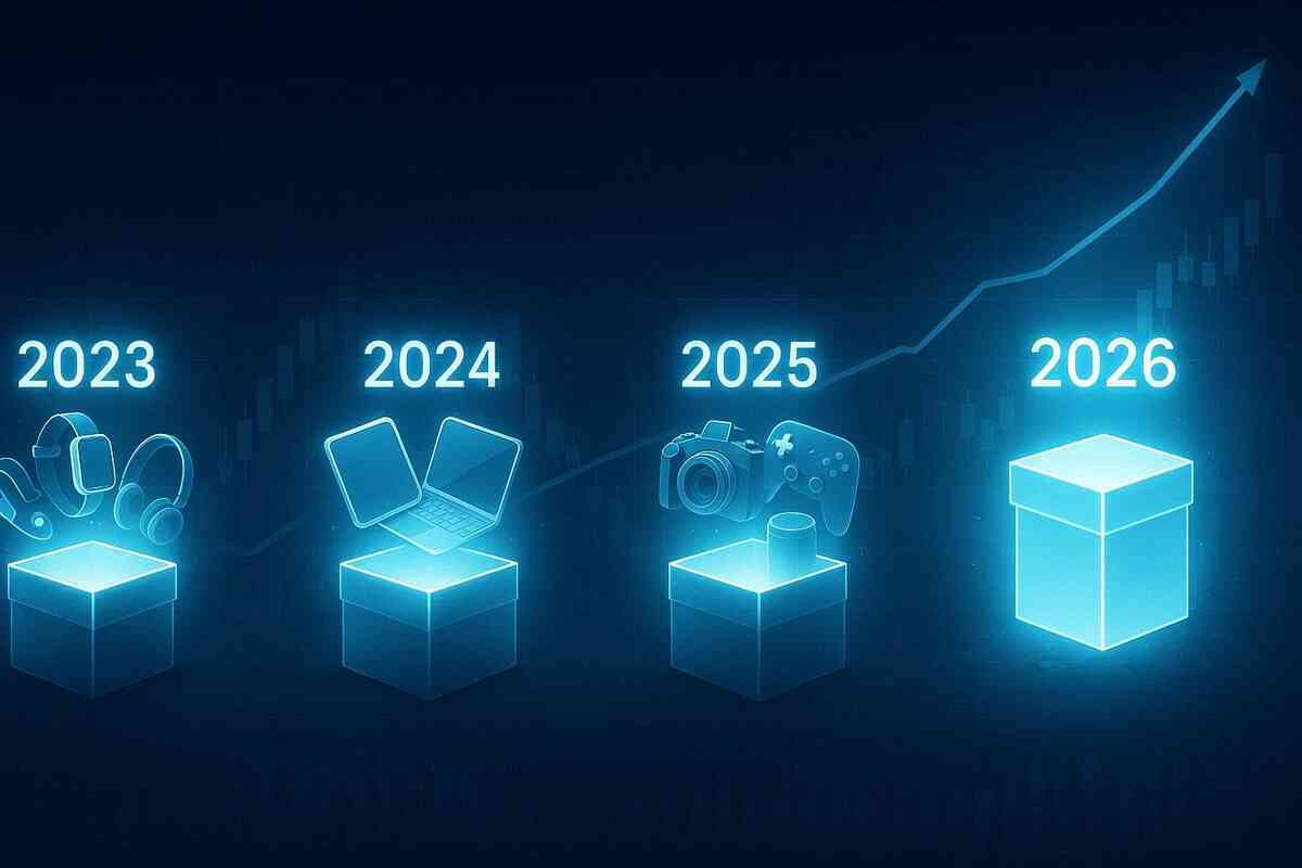 Neon timeline of 2023, 2024, 2025, 2026 lucky boxes—past years spilling headphones, laptops, cameras and gamepads, final 2026 box still closed—rising trend line hinting at bigger prices, richer contents and anxious curiosity about this year’s jackpot