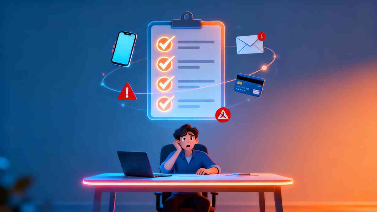Worried user at a glowing desk staring at laptop, huge floating checklist with checkmarks, smartphone, alert envelopes, credit card and red warning icons orbiting—last-minute application checklist for tech lucky bags, mix of anxiety, urgency and hopeful relief