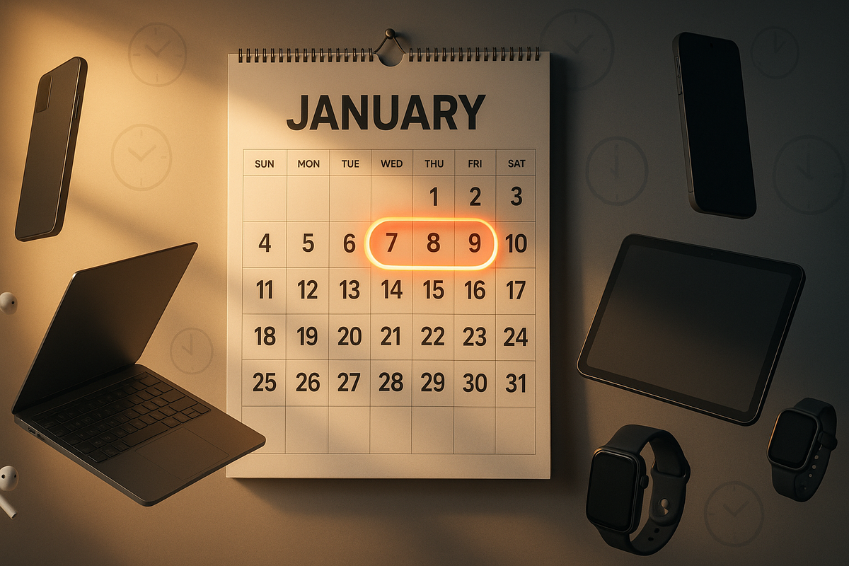 Floating gadgets around a January wall calendar with the 7th–9th glowing, soft golden light and subtle clock icons—quiet suspense before a limited-time New Year electronics sale, calm yet urgent countdown feeling  