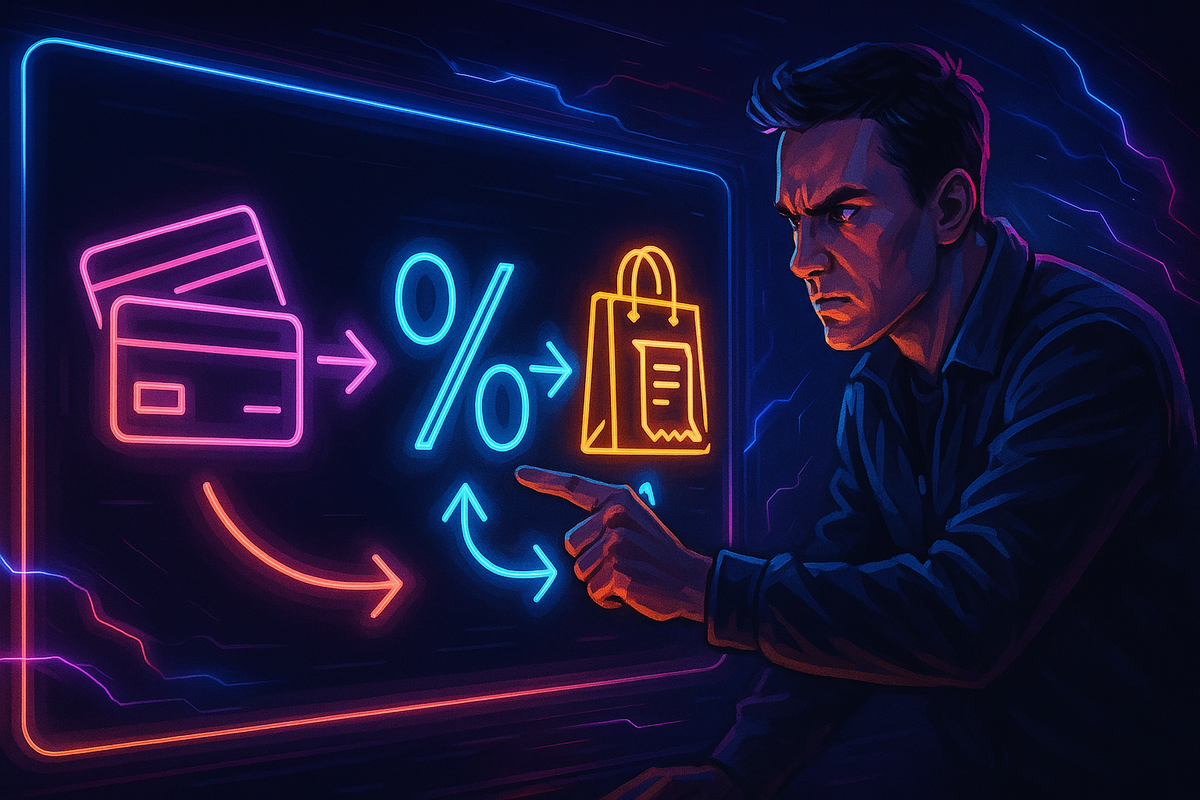 Focused shopper in a dark room pointing at a neon strategy board with glowing credit card, percentage sign, and shopping bag icons—intense money-hack planning energy, late-night determination to stack cashback and coupons  